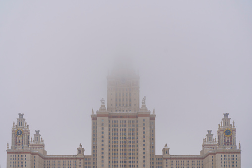 The Lomonosov Moscow State University in winter. Education in Russia, Stalinist architecture, Soviet Empire style concept. High quality photo