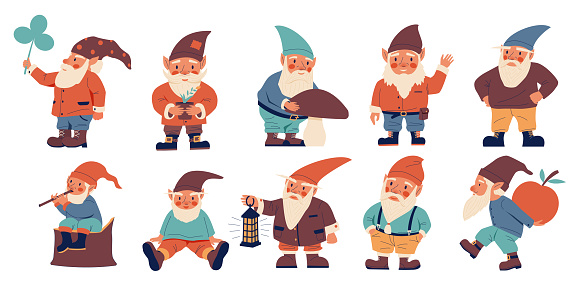 Cartoon dwarves. Cute fairy tale characters with beards and hoods. Fantasy short creatures. Isolated midgets with mushroom and clover leaf. Garden fabulous little elves. Vector magical gnomic men set