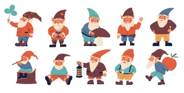 Vector illustration of Cartoon dwarves. Cute fairy tale characters with beards and hoods. Fantasy short creatures. Midgets with mushroom and clover leaf. Garden fabulous elves. Vector magical gnomic men set