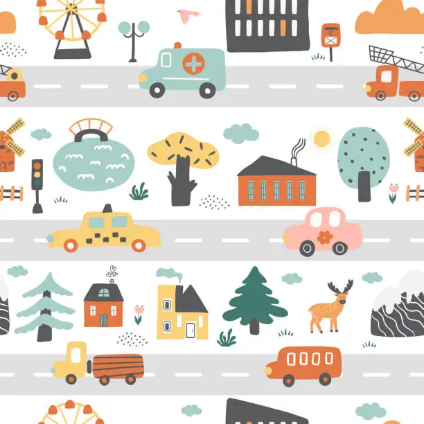 Vector illustration of Childish seamless pattern with road, houses, cars, trees, and animals.