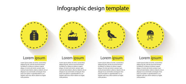 комплект спасательный жилет, круизный корабль, птичья чайка и медуза. шаблон бизнес-инфографики. вектор - life jacket safety isolated sea stock illustrations