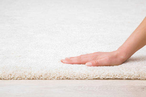 Young adult woman hand touching new white fluffy carpet surface on laminate floor. Closeup. Checking softness. Side view. stock photo
