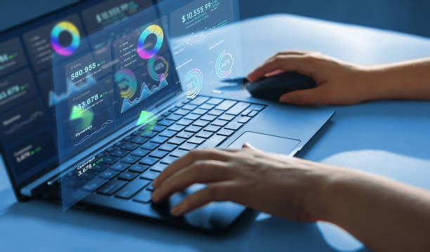 istock Business person analysing  financial data on virtual screen. Dashboard infographic. Screen with charts and diagrams.Chart graph elements for data analytics. 1372389182