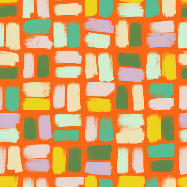 istock Minimalist seamless pattern made of colorful blocks. Abstract geometric illustration. Mosaic ornament. Stylish crossed stripes texture.  Decorative square shapes. Modern hipster style. 1372390557