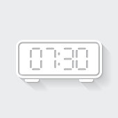 White icon of "Digital clock" in a flat design style isolated on a gray background and with a long shadow effect. Vector Illustration (EPS10, well layered and grouped). Easy to edit, manipulate, resize or colorize. Vector and Jpeg file of different sizes.