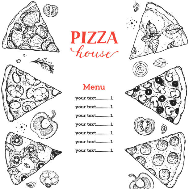 ilustrações de stock, clip art, desenhos animados e ícones de italian pizza vector illustration. hand drawn sketch pizza. italian food. package design. pizza slices illustration. - pepperoni