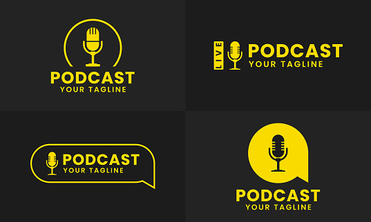 Set of professional podcast logo, radio icon bundle for interview event. Online interactive show.