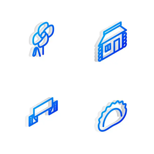 Vector illustration of Set Isometric line Ukrainian house, Poppy flower, Embroidered towel and Dumplings icon. Vector