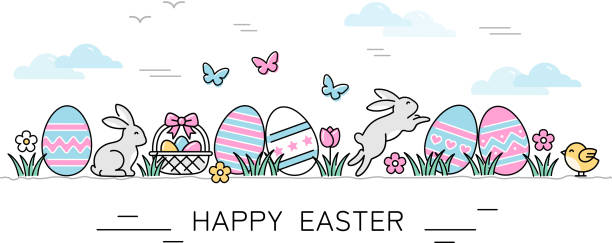 Happy Easter icon set with eggs, bunnies and butterfly vector art illustration