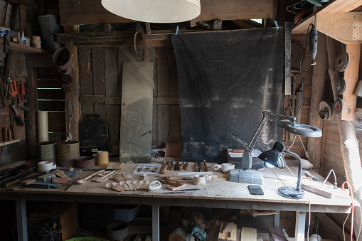 The working desk in wood workshop, Wood hand craft. High quality photo