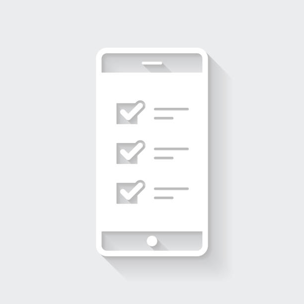 illustrations, cliparts, dessins animés et icônes de smartphone avec liste de contrôle. icône avec une ombre longue sur fond vide - flat design - to do list list checklist three dimensional shape