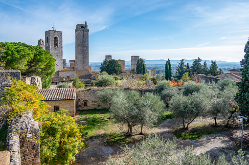 Overlooking ancient stone buildings in the hilltown of San Gimignano in Tuscany