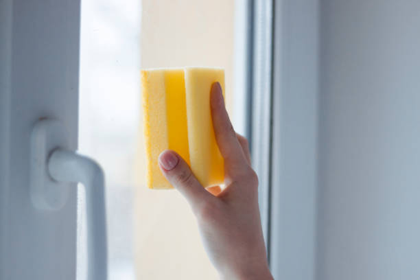 istock The girl washes the window with a sponge. Home routine. Cleaning 1372396313