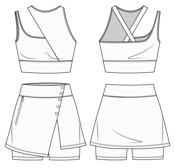 illustrazioni stock, clip art, cartoni animati e icone di tendenza di ragazze sport reggiseno e pantaloncini moda modello piatto. set di design di moda per abbigliamento sportivo. - gonna