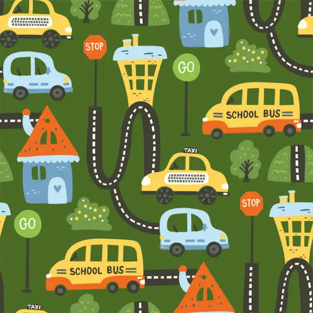 Vector illustration of Cute cartoon car seamless pattern.