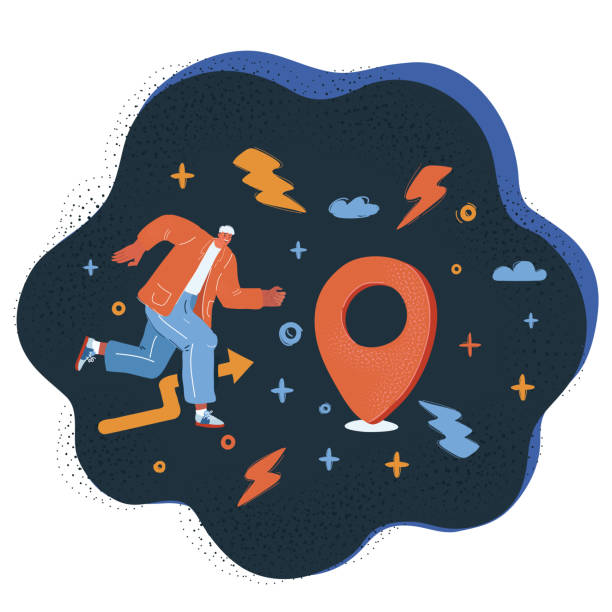 istock Vector illustration of man Running to big location mark over dark backround. 1372399523
