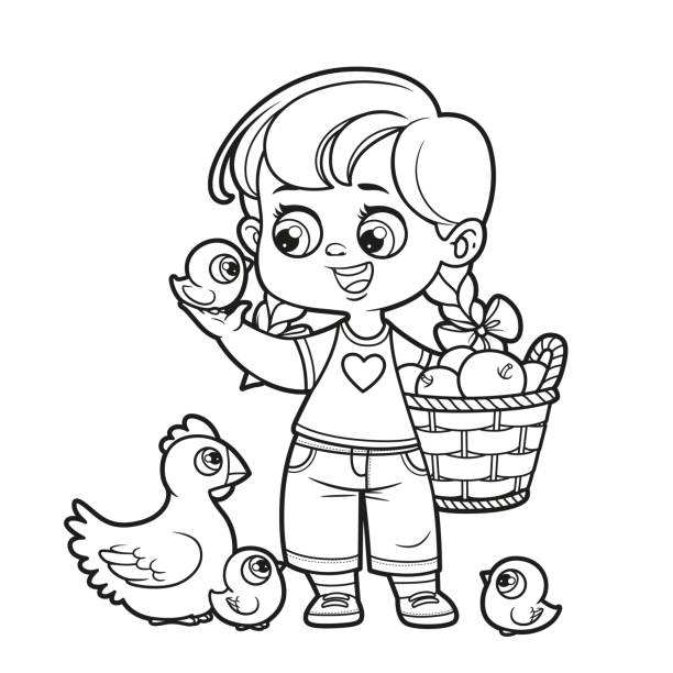 Cute cartoon girl examines the chicken and holds a basket of apples outlined for coloring page on white background Cute cartoon girl examines the chicken and holds a basket of apples outlined for coloring page on white background farm cartoon animal child stock illustrations