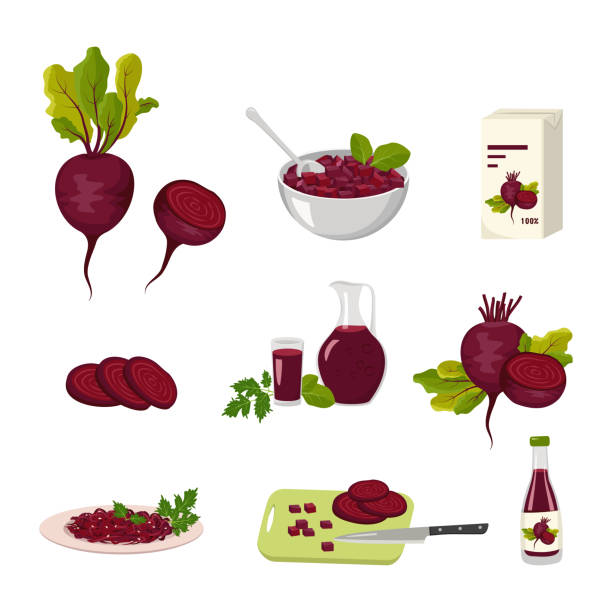 Beetroot and beet products icons set Beetroot and beet products icons set. Whole vegetable and halves with leaves, juice in bottle, jug and glass, grated food on plate and pieces in bowl. Sweet food for diet. Vector flat illustration common beet stock illustrations