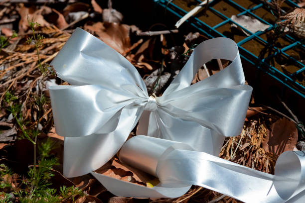 Forgotten bow in cemetery, background with copy space, full frame horizontal composition