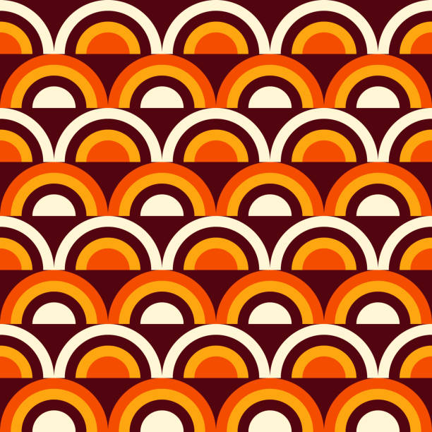 mid-century moderner stil nahtloses muster mit halbkreisen. 1960er jahre inspiriertes vektortapetendesign. bunter sich wiederholender hintergrund. groovige geometrische illustration. - pattern circle backgrounds retro revival stock-grafiken, -clipart, -cartoons und -symbole