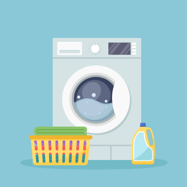 waschküche mit waschmaschine, waschmittel und plastikkorb mit sauberer bettwäsche. vektorillustration - waschmaschine stock-grafiken, -clipart, -cartoons und -symbole