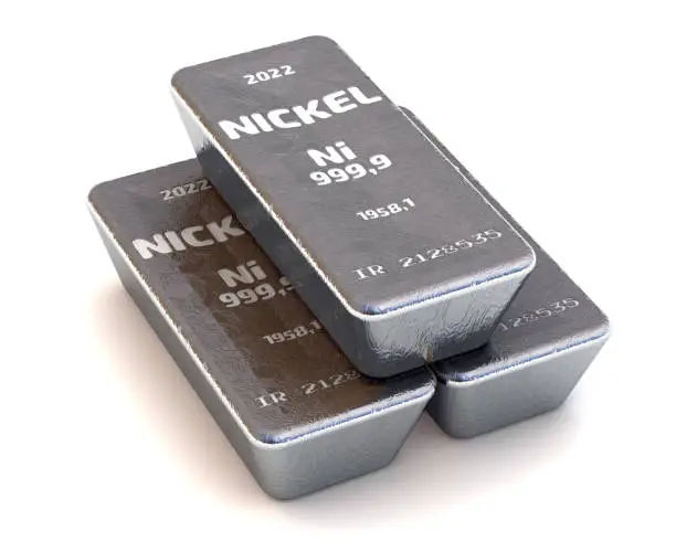 There are three ingots of 999.9 Fine Nickel bars on white background. 3D illustration
