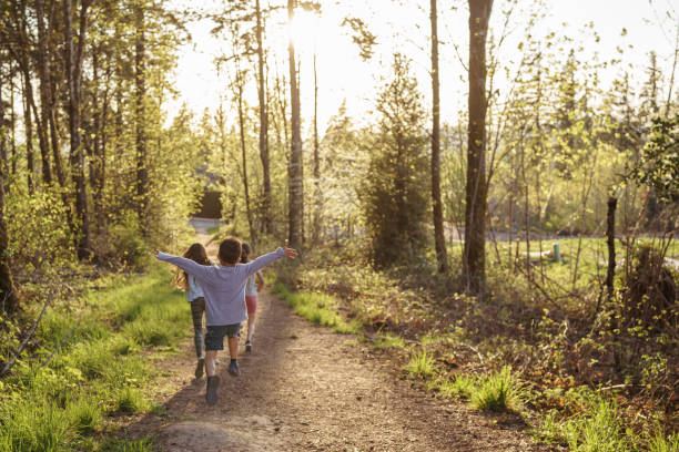 istock Carefree kids running down dirt path in forest 1372416083