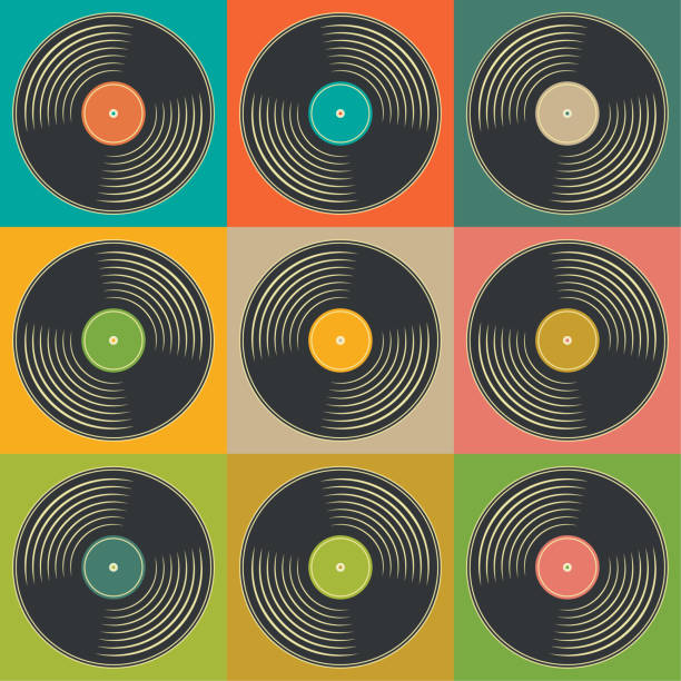 レトロミュージックヴィンテージビニールレコードポスターポップアートスタイルで。ディスコパーティー60年代、70年代、80年代。 - ナイトクラビング点のイラスト素材／クリップアート素材／マンガ素材／アイコン素材