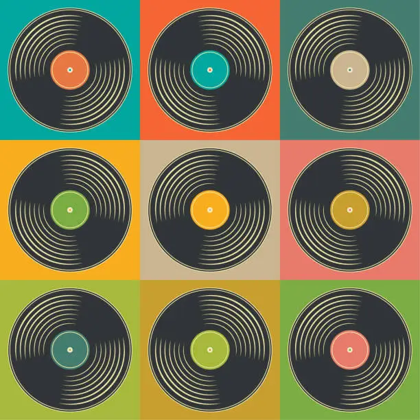 Vector illustration of Retro Music Vintage Vinyl Record Poster in Pop Art Style. Disco Party 60s, 70s, 80s.