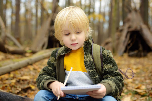 istock Little boy scout is orienteering in forest. Child is sitting and making notes in a notepad on background of teepee hut. Concepts of adventure, scouting and hiking tourism for kids. 1372417354