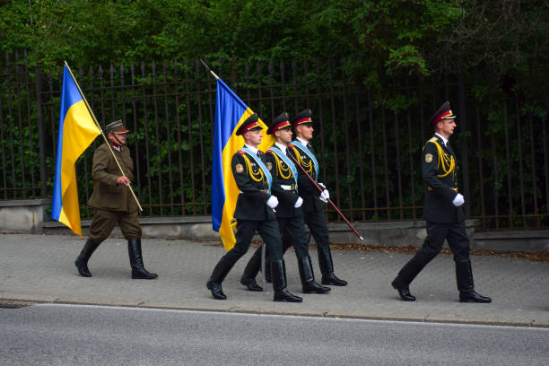 Warsaw, Poland - 15th August, 2016: Ukrainian soldiers during parade on the Polish Armed Forces Day. Ukraine is a country in Eastern Europe. It is the second-largest country by area in Europe.