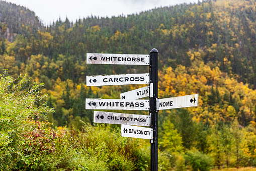 Alaska tourist street signs showing directions of different nearest tourism cities destination. Chilkoot, Whitehorse, Juneau, Skagway. Road sign in Skagway city.
