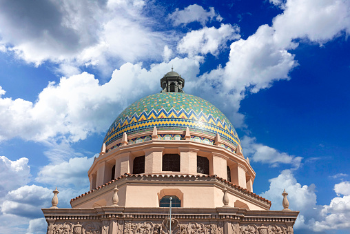 Close up of the tiled dome of the repurposed Pima County Courthouse in downtown Tucson AZ