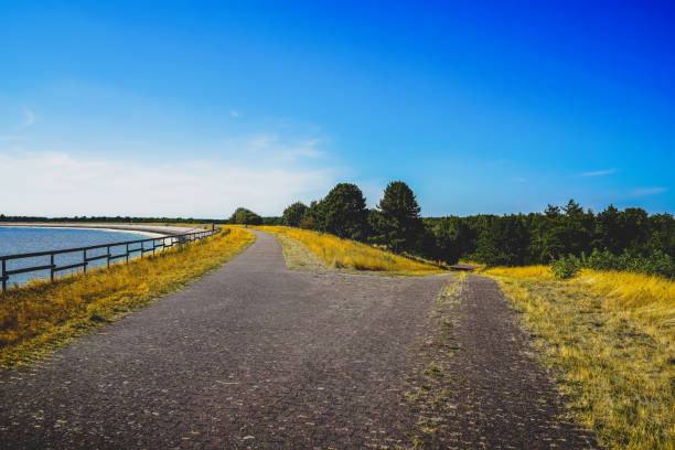 istock A path next to a water reservoir and a dry field. 1372427520