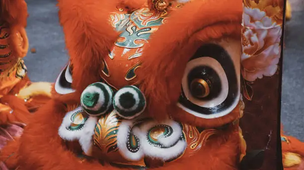 Photo of Detail of lion´s head, part of a custume which is use for Lion dance performance