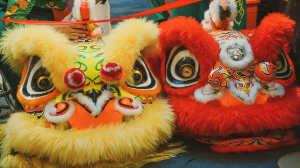 Detail of lion´s head, part of a custume which is use for Lion dance performance stock photo