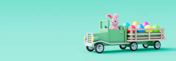 istock Cute Easter bunny drive car and carry colorful painted eggs. Easter holiday concept on green background 3d render 1372436254