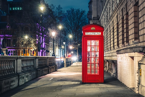 London symbols with BIG BEN, DOUBLE DECKER BUSES and Red Phone Booth in England, UK