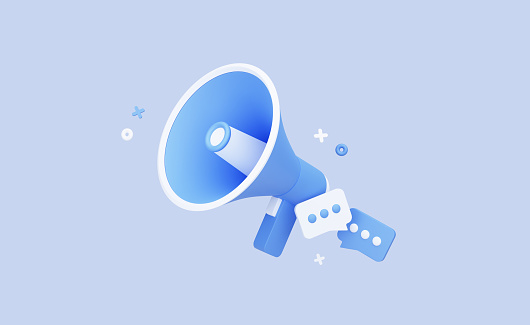 Megaphone with messages icon isolated on background. Online marketing with loudspeaker. Blue and White. 3D Rendering