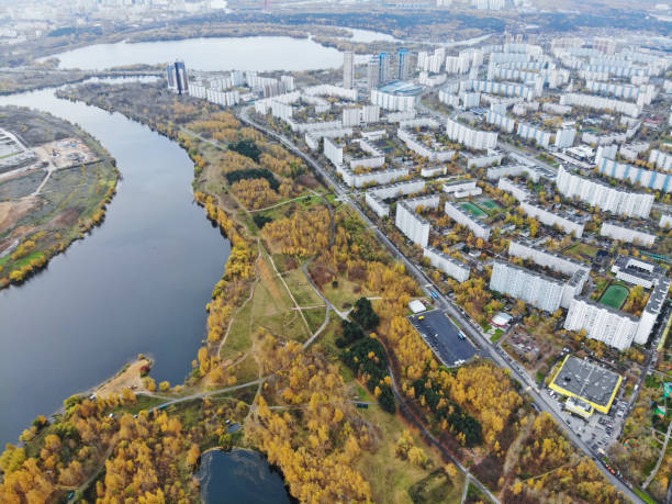 Drone view of Moscow at autumn. stock photo