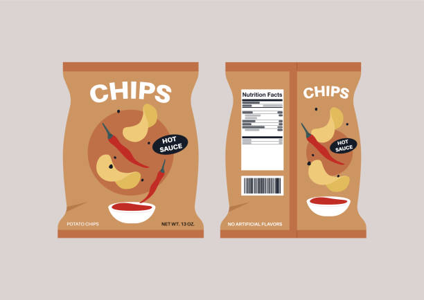 영양 라벨이 있는 매콤한 감자 칩의 비닐 봉지, 뒤와 앞쪽, 건강에 해로운 간식 - nutritional stock illustrations