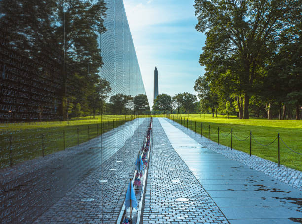 The Vietnam War Memorial and Washington Monument in Washington DC.