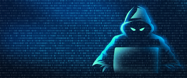 Hacker in binary code digital background. Cyber crime and internet privacy hacking. Network security, Cyber attack, Computer Virus, Ransomware, and Malware Concept. 2D illustration.