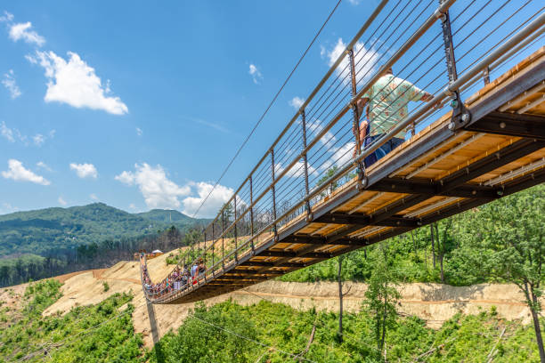 Skybridge Gatlinburg Skybridge Gatlinburg with blue sky background.This Skybridge is the longest pedestrian suspension bridge in North America. gatlinburg stock pictures, royalty-free photos & images