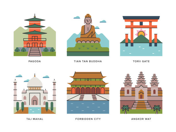 Travel Landmarks of Asia — Brightline Icon Series Detailed multicolor vector icon set appropriate for web and print applications. Designed in 192 x 192 pixel square with 2px editable stroke. Pixel perfect. korean icon stock illustrations