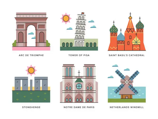 Vector illustration of Travel Landmarks of Europe 1 — Brightline Large Icon Series