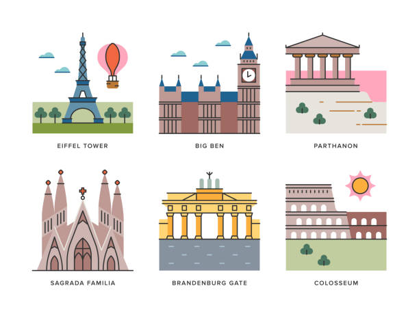 Travel Landmarks of Europe 2 — Brightline Large Icon Series Detailed multicolor vector icon set appropriate for web and print applications. Designed in 192 x 192 pixel square with 2px editable stroke. Pixel perfect. london england big ben houses of parliament london international landmark stock illustrations