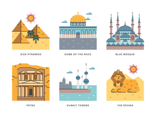 중동 의 여행 랜드 마크 — 브라이트 라인 대형 아이콘 시리즈 - jerusalem middle east architecture jerusalem old city stock illustrations