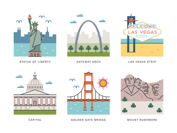 ilustrações, clipart, desenhos animados e ícones de travel landmarks of the united states — brightline large icon series - golden gate bridge san francisco county cityscape famous place