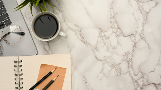 istock Minimal stylish white marble background with copy space and supplies 1372450176